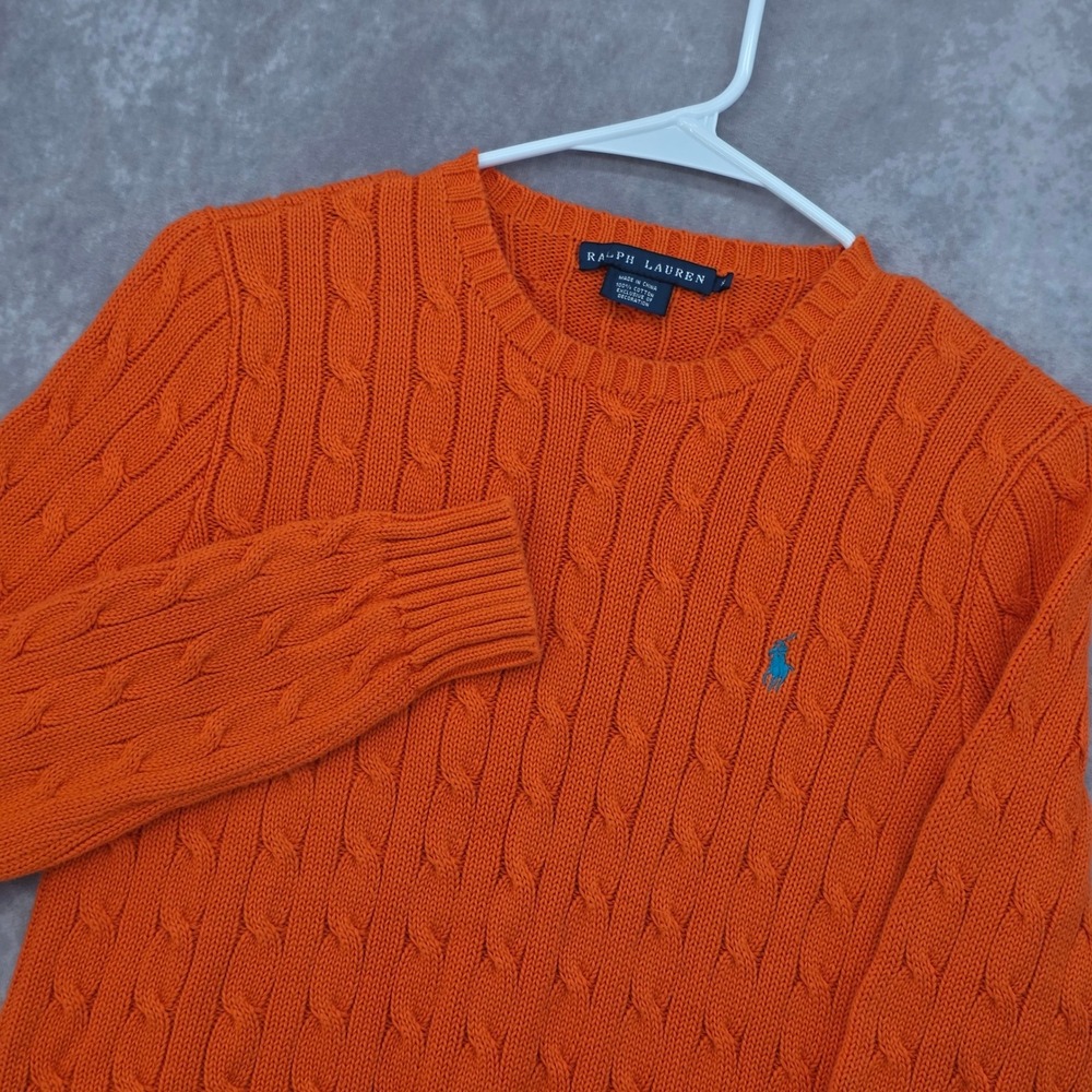 Ralph Lauren Orange Cable Knit Cotton Crewneck Sweater Womens M Turquoise Logo